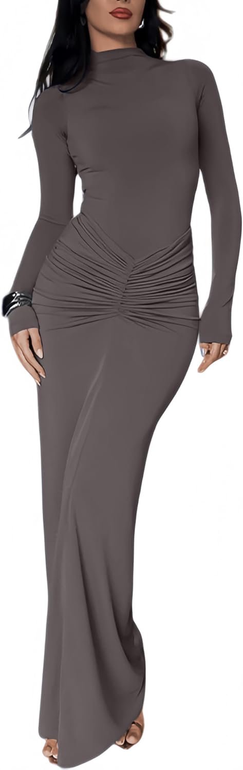 Jurk voor dames, lange mouwen, opstaande kraag, bodycon, maxi-jurk, elegante figuurbenadrukkende partyjurk, sexy lange jurk met plooien, herfstjurk, avondjurk, baljurk, cocktailjurk, Y2K
