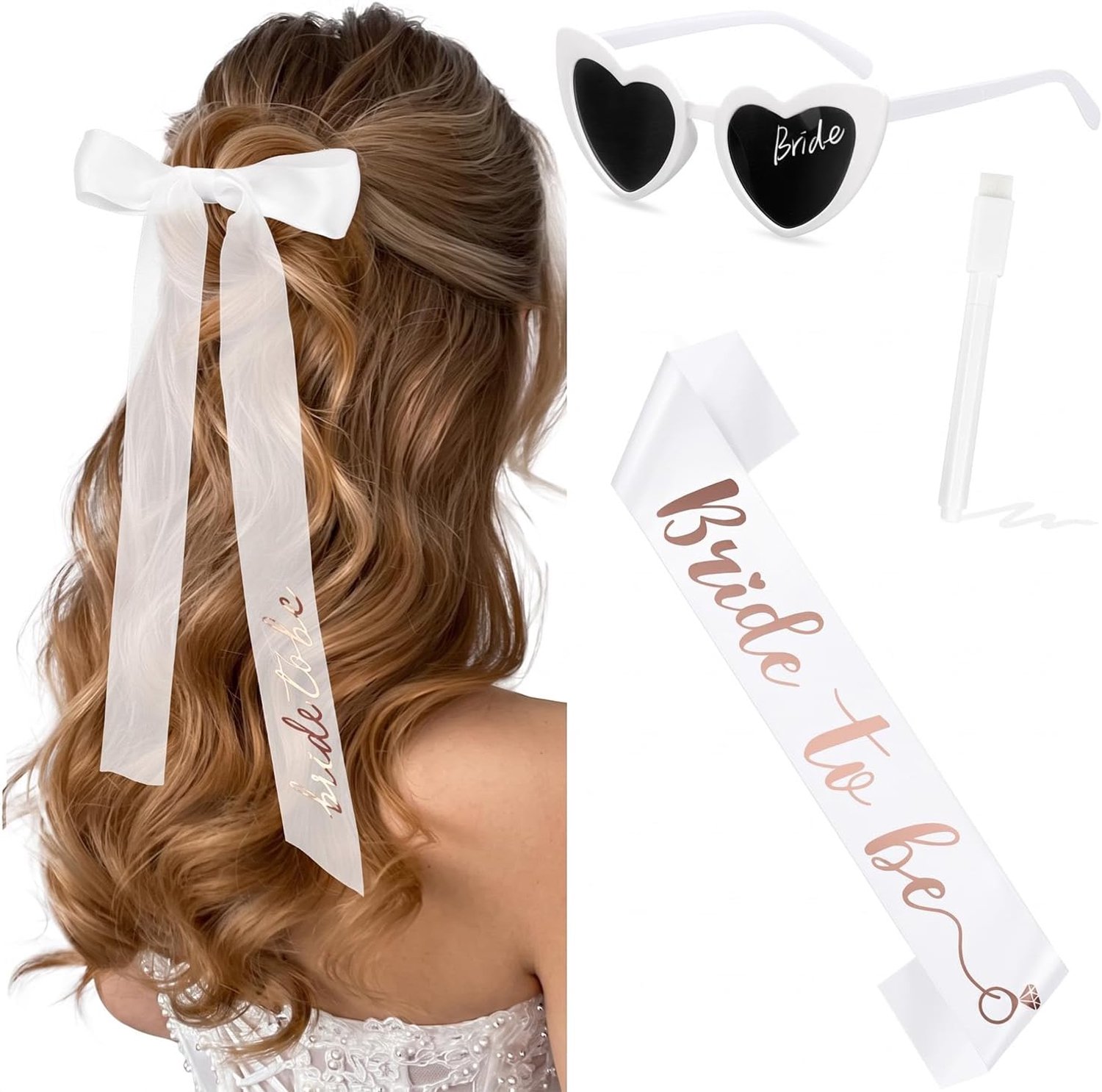 Set van 4 accessoires voor vrijgezellenfeest: bruidssluier, Bride-to-Be-Be-Be-Be-Be-Be-Be-band, hartvormige zonnebril en balpen, decoratie en feestgeschenken