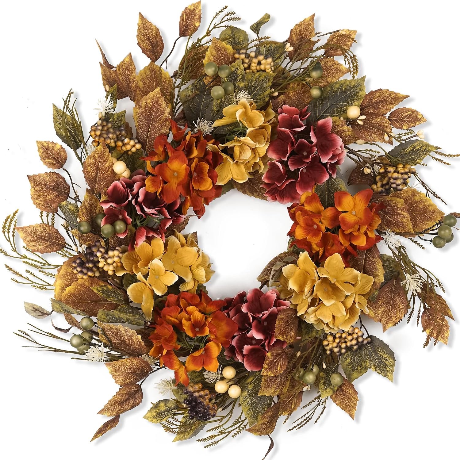 Herfstkransen voor voordeur 22 inch, herfstkrans met hortensia bessen herfstbladeren, woondecoratie voor buiten woonkamer binnenmuur en buiten herfst