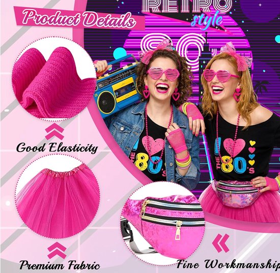 26 stuks jaren 80-kostuum, feestoutfit disco, neon uit de jaren 90, T-shirt, tutu, armband, heuptas, bril, armband, halskettingen, beenwarmers, outfit jaar, themafeest, carnaval, dames — afbeelding 3
