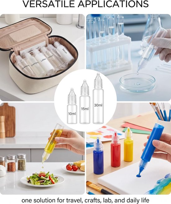 9 stuks druppelflessen, lege flessen voor vloeistoffen, 10/15/30 ml flessen, druppelflessen van kunststof, draagbaar, comprimeerbare druppelflessen voor vloeibare monsters — afbeelding 2