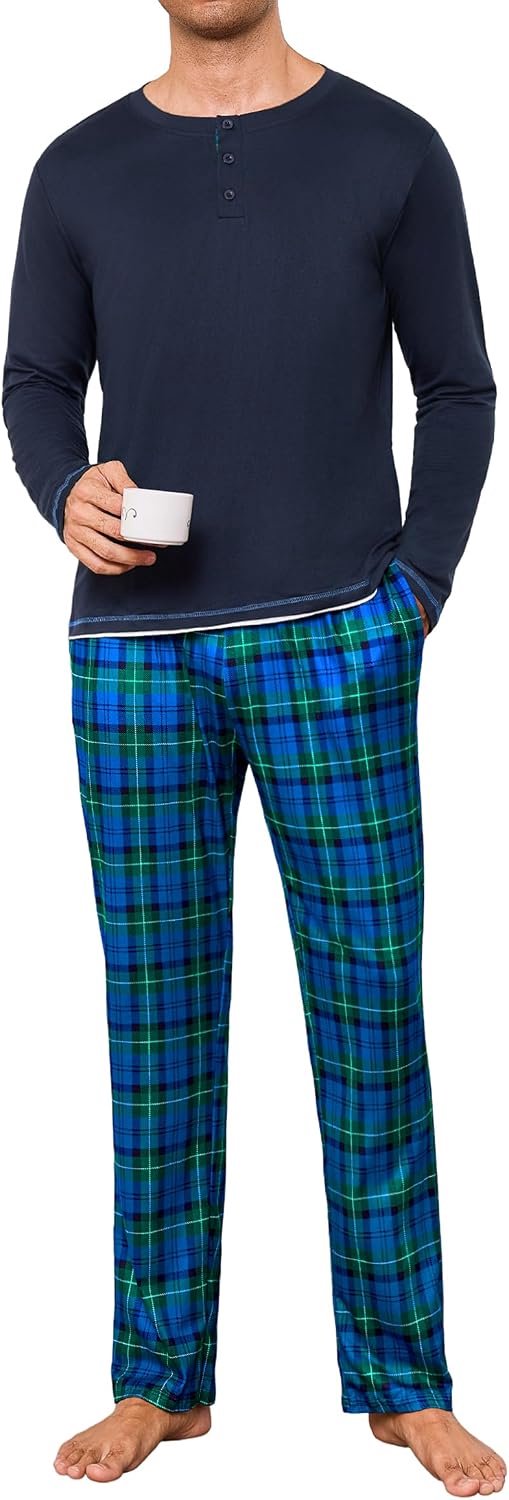 Pyjama voor heren, winter, nachtkleding, pyjamaset, ronde hals, lange mouwen en geruite broek, S-4XL