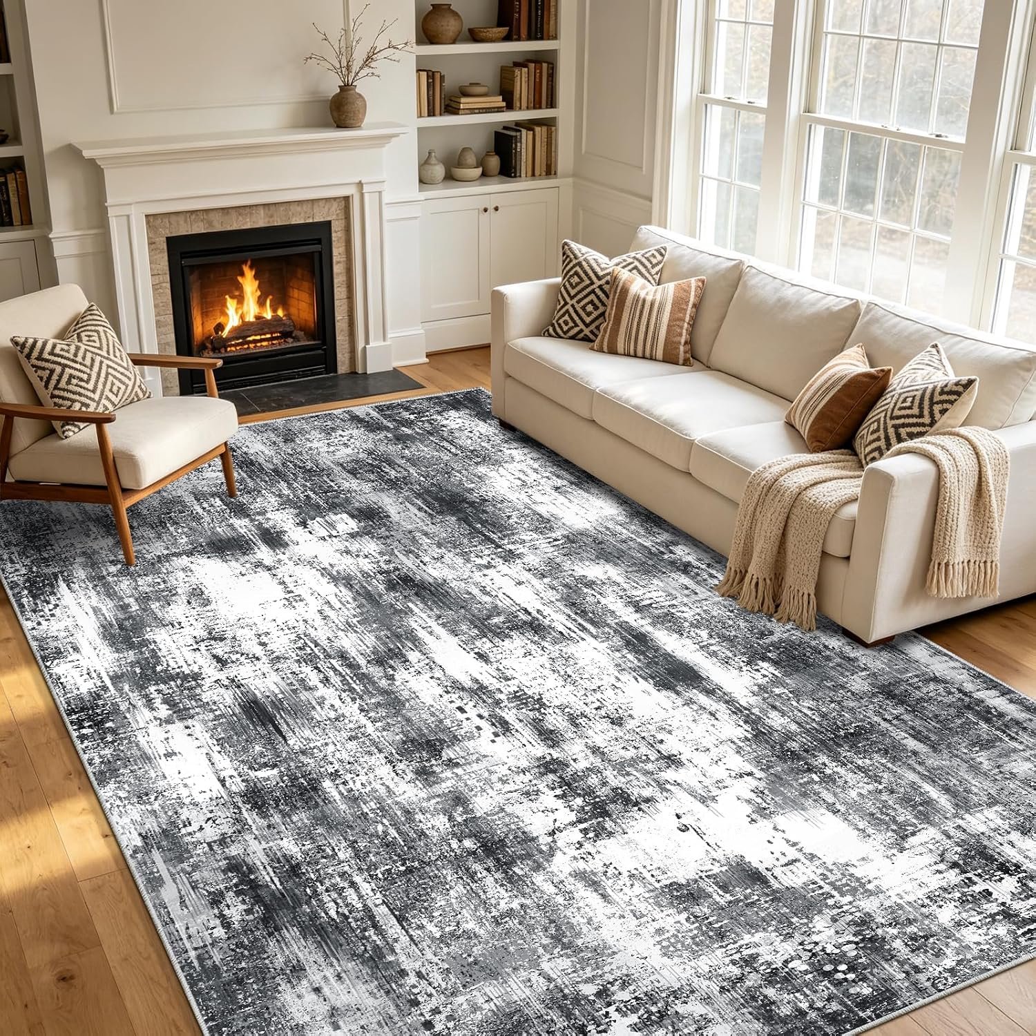 Wasbare vloerkleden, 160 x 230 cm, zwart-wit, modern, abstract, woonkamer, slaapkamer, groot, antislip, laagpolig, zacht, voor woonkamer, eetkamer, kantoor