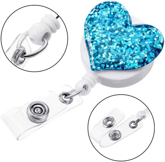 Glitterende Badge Reel met Hartvorm, Retractable ID Kaarthouder met Clip voor Sleutels en ID's (Roze) — afbeelding 3