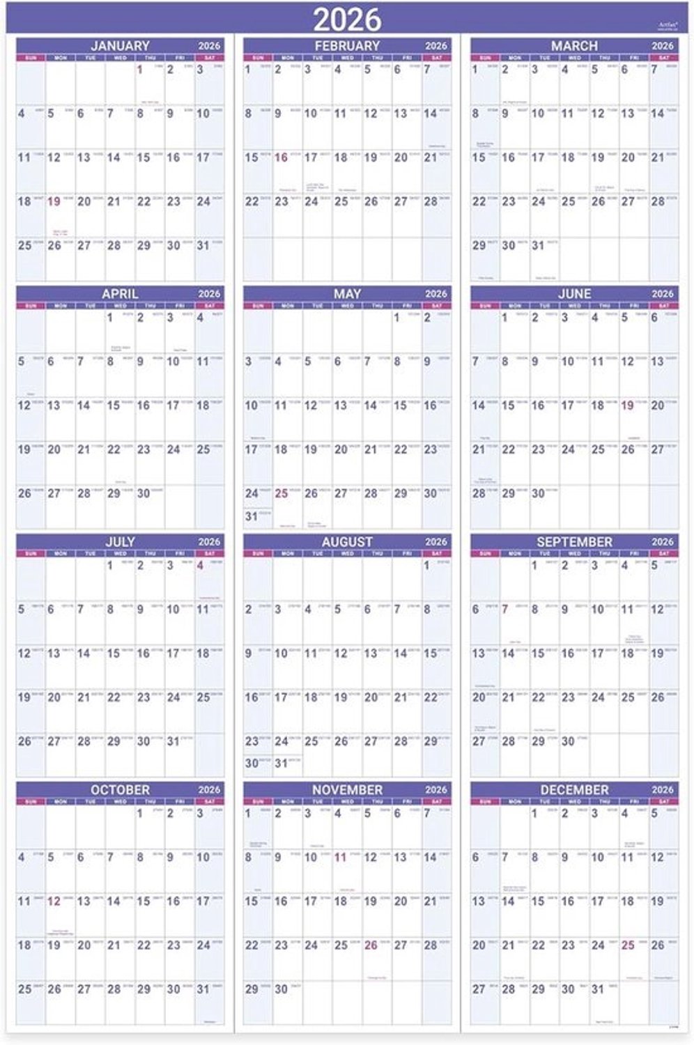 Grote wegwerpjaarkalender - 2025 - Paarse editie