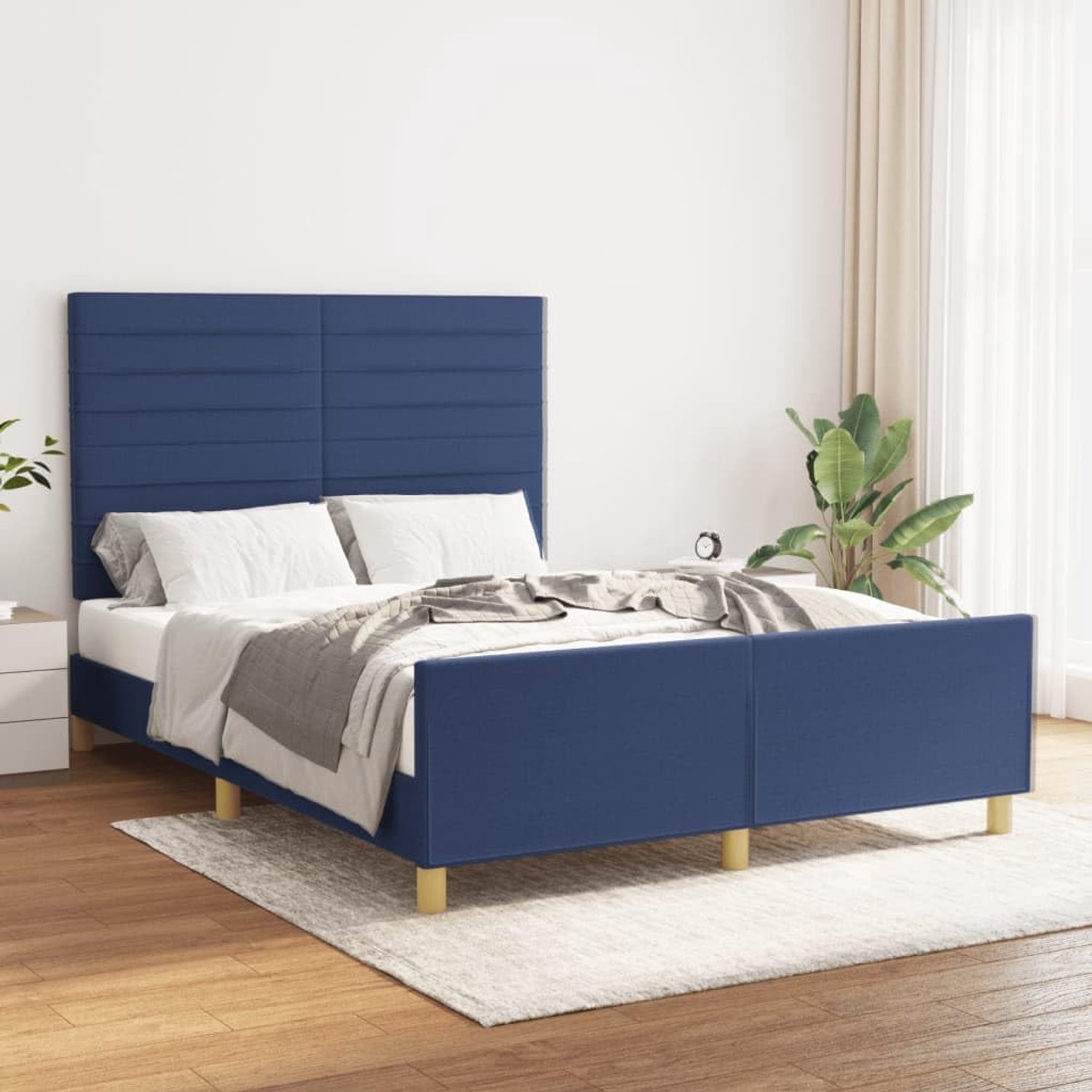 Bedframe met hoofdeinde, blauw, 140 x 190 cm, stof, familiebed, bedframe voor slaapkamer, hotel, logeerkamer