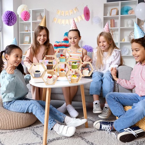 16 stuks zeshoekige honingraat cupcake standaard set - stevig dennenhout met 30 schattige bijen en 10 lieveheersbeestjes decoraties, doe-het-zelf stapelbaar bakken desserttoren voor bijenthemafeest — afbeelding 3