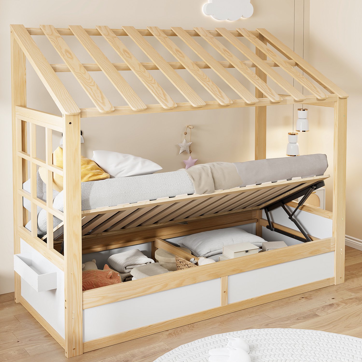 Merax Kinderbed 90 x 200 cm - met dak - ramen - opbergruimte en zijvakjes - landelijke stijl - houtkleur en wit - zonder matras Wit en Houtkleur