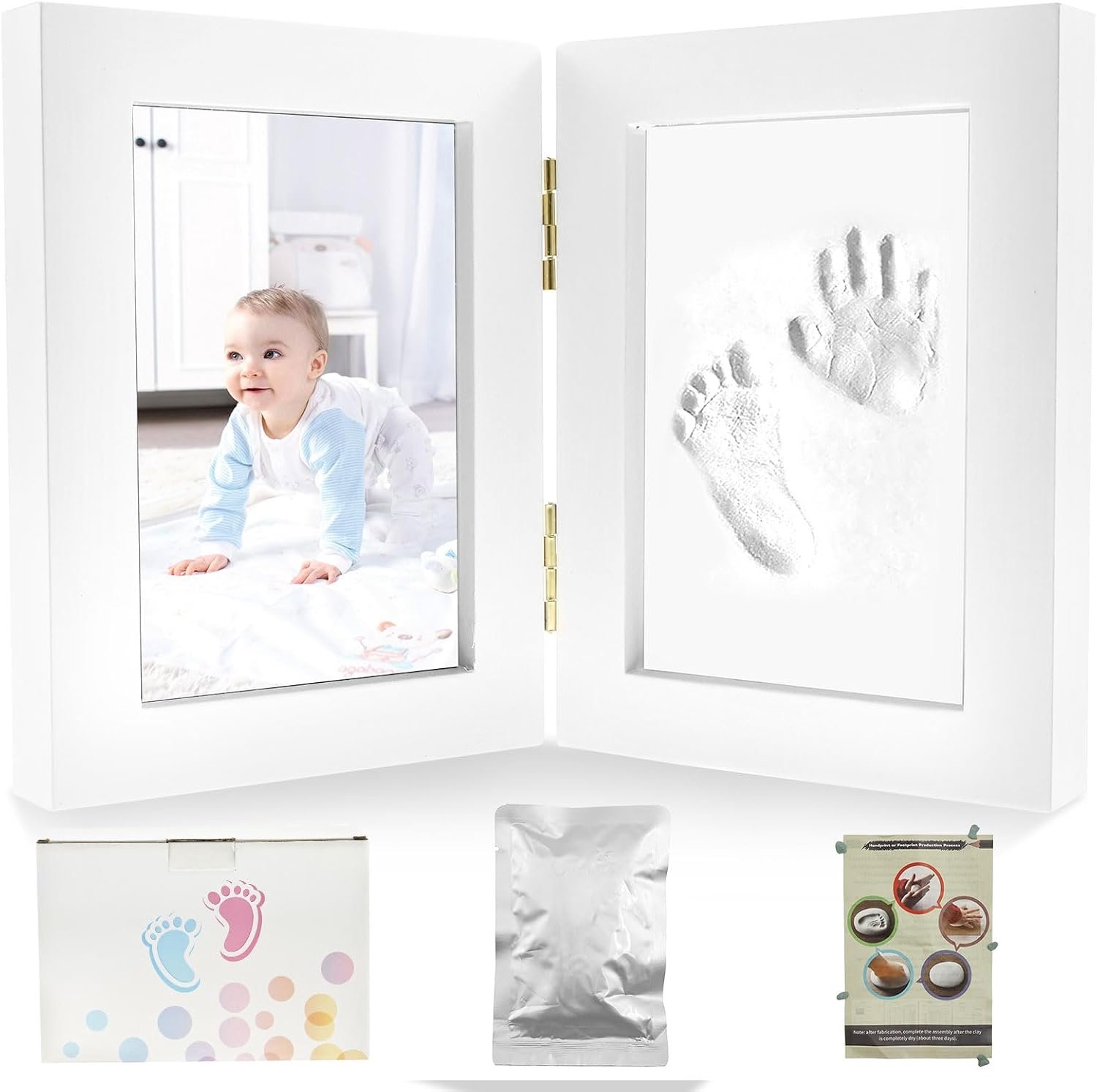 Handafdruk Baby Fotolijst, Baby Handafdruk en Voetafdruk Set, Gepersonaliseerd DIY Andenken voor Pasgeborenen, voor Pasgeborenen, Jongens en Meisjes (Wit)