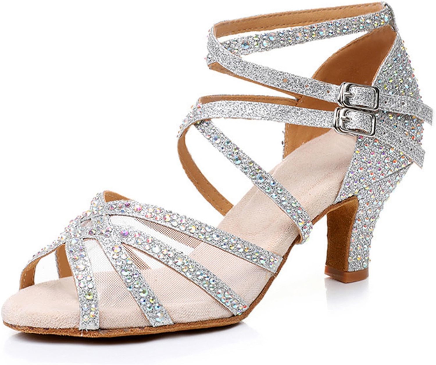 Rosefinch Latin Dansschoenen Steentjes Salsa Dansschoenen voor Vrouwen/Meisje, Zachte Zolen Dansschoenen Zwart 5/7cm Hak