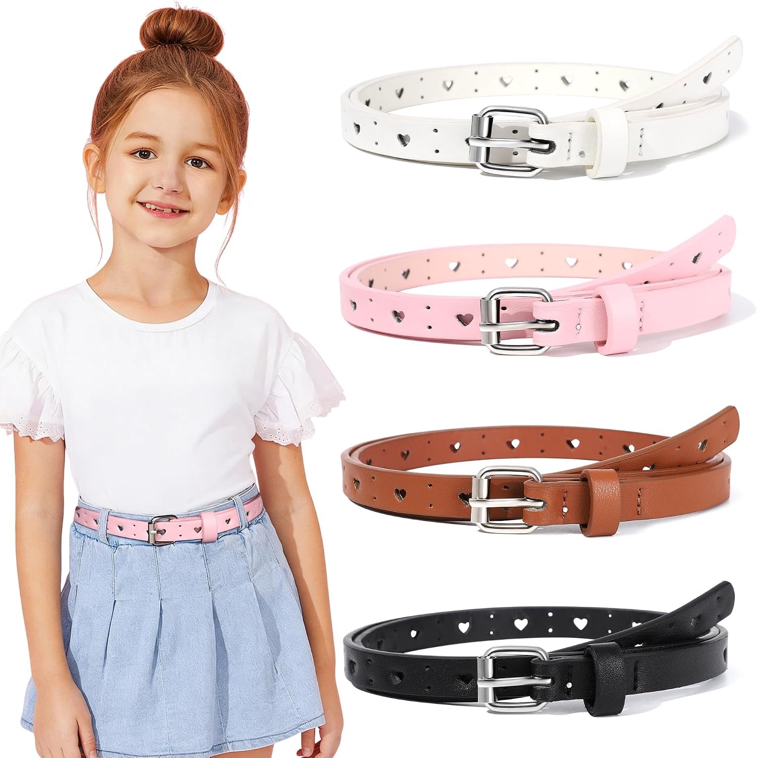 Kajeer 4 stuks kinderriem voor meisjes, PU lederen riem voor kinderen, jongens met hartvormige gaten, verstelbare metalen sluiting, kinderriem, geschikt voor jurk, schooluniform broek
