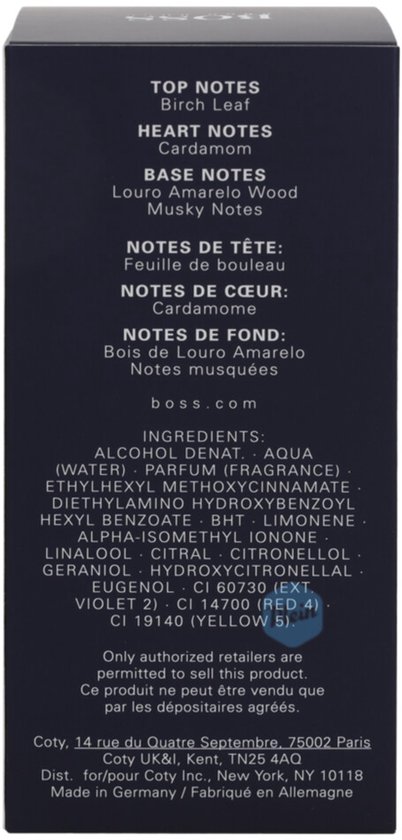 Zijde van de Hugo Boss Bottled Night Eau de Toilette doos met geurnoten en ingrediënten.