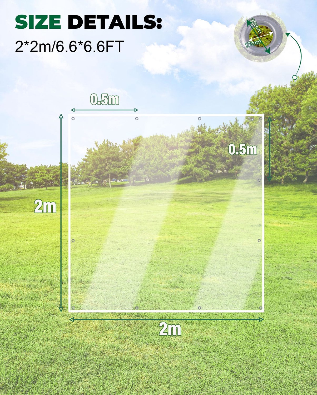 Erfolkerz Transparant afdekzeil, 2 x 2 m, met ingestanste ringen, 420 g/m², pvc, transparant, waterdicht, terraszeil, buiten, voor terras, paviljoen,