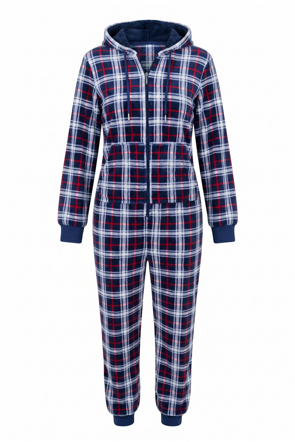 Ulla Popken - Dames - Homewear overall pluche ruiten capuchon lange mouwen - Nachtblauw - Maat 54+