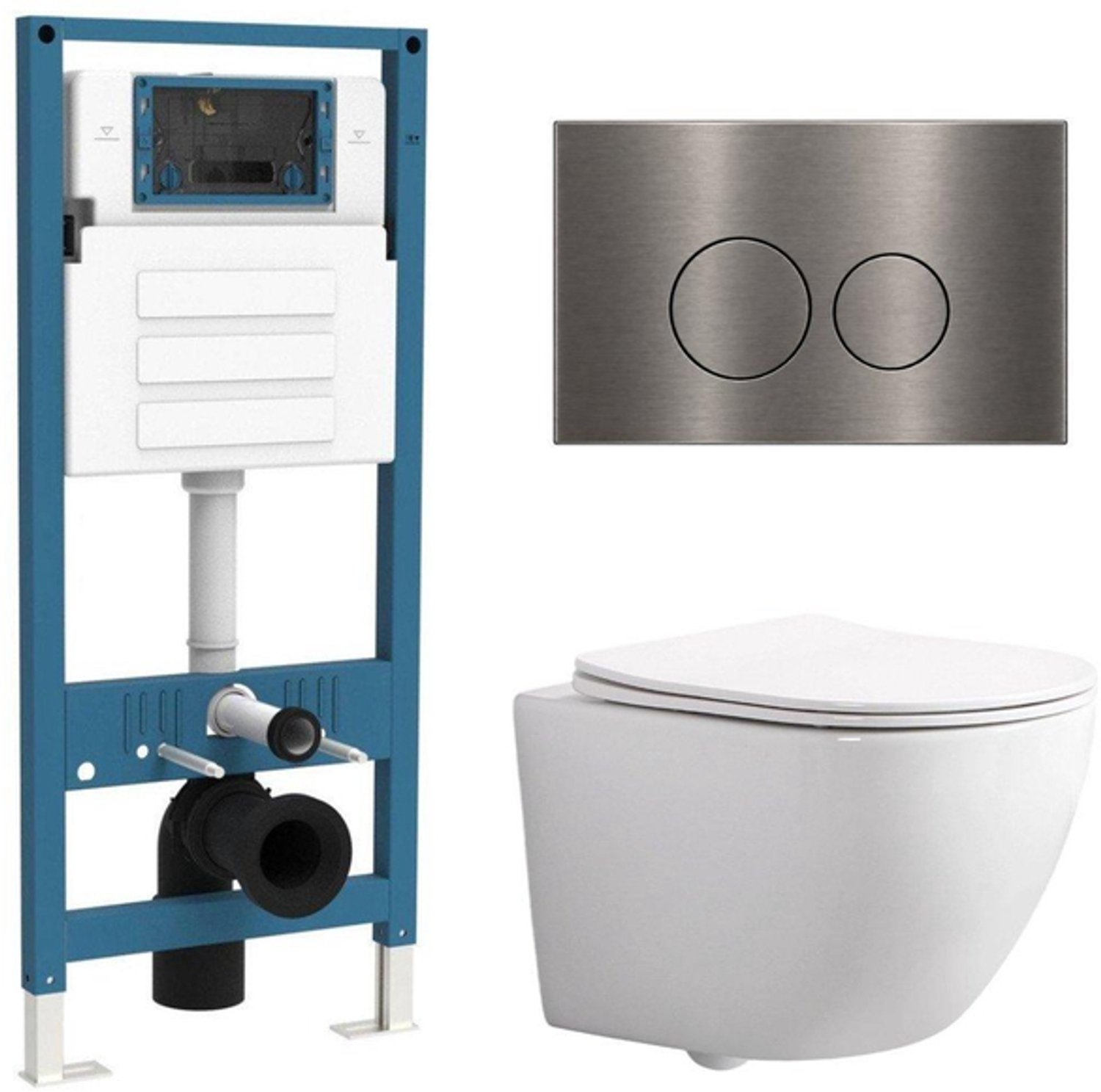 QeramiQ Dely Swirl Compact Toiletset - inbouwreservoir QeramiQ flush - slim zitting - metalen bedieningsplaat gunmetal - ronde knoppen - glans wit