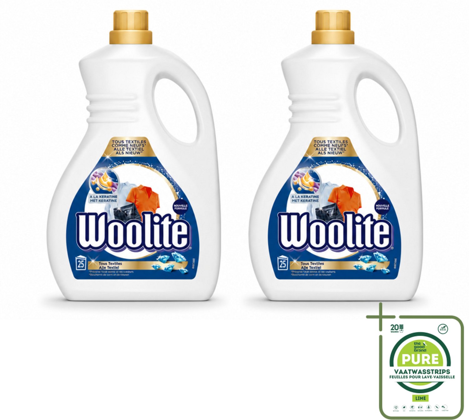 2 x Woolite - Wasmiddel - Vloeibaar Wasmiddel - Alle textiel - 25wb/1,5L - Grootverpakking - Vaatwasstrips - Wasmiddel Voor Textiel - Keratine Wasmiddel - Textiel Verzorging - Pluisvermindering - Wasmiddel Voor Jeans
