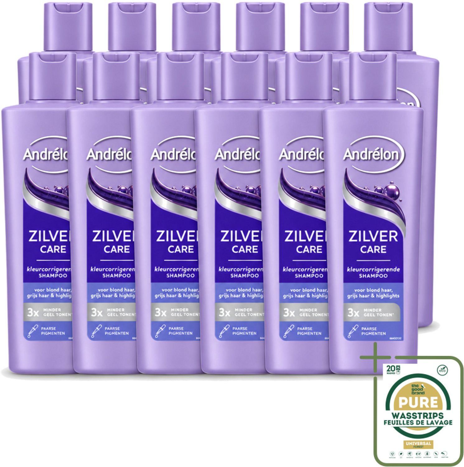12 x Andrélon – Shampoo – Zilver Care – 250 ml - Wasstrips - Zilver Care Shampoo - Haarkleur Corrigeren - Gele Tonen Verminderen - Paarse Pigmenten - Blond Haar