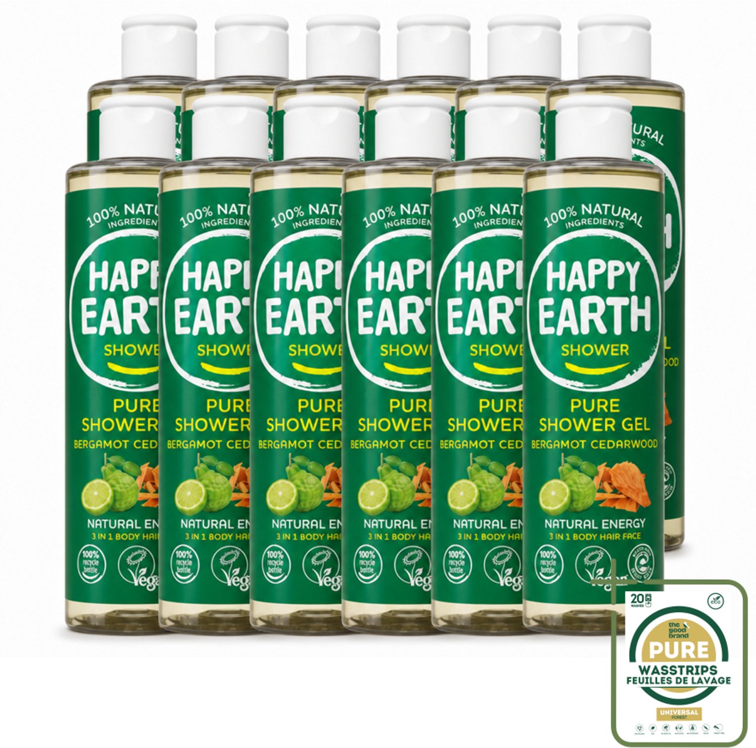 12 x Happy Earth – Douchegel – 100% Natuurlijk Bergamot Cedarwood – 300 ml - Wasstrips - Douchegel Bergamot Cederhout - Natuurlijke Douchegel - Vegan Douchegel - Dierproefvrije Douchegel - Biologische Douchegel