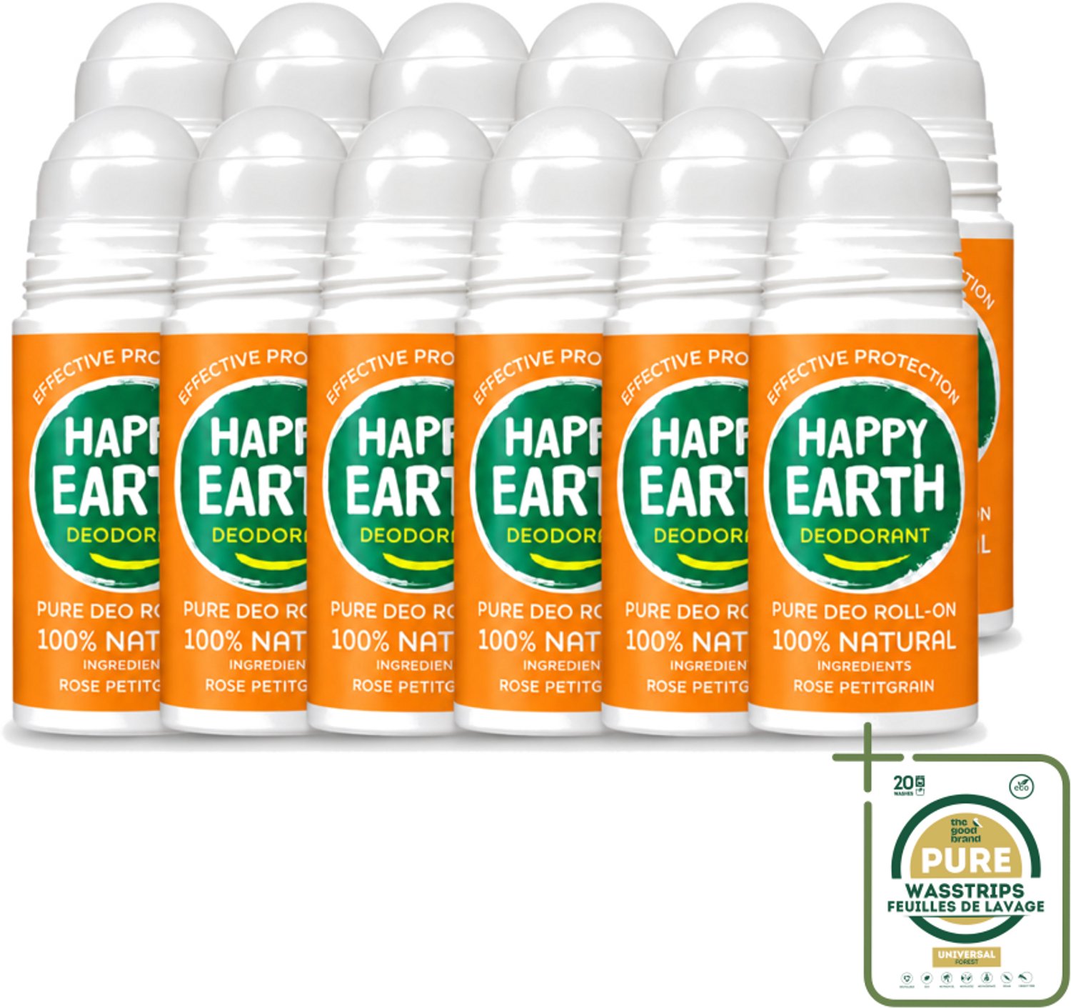 12 x Happy Earth – Deodorant Roll-On – 100% Natuurlijk Rose Petitgrain – 75 ml - Wasstrips - 100% Natuurlijke Deodorant - Roll-on Deodorant - Frisse Geur - Bloemige Geur - Roos