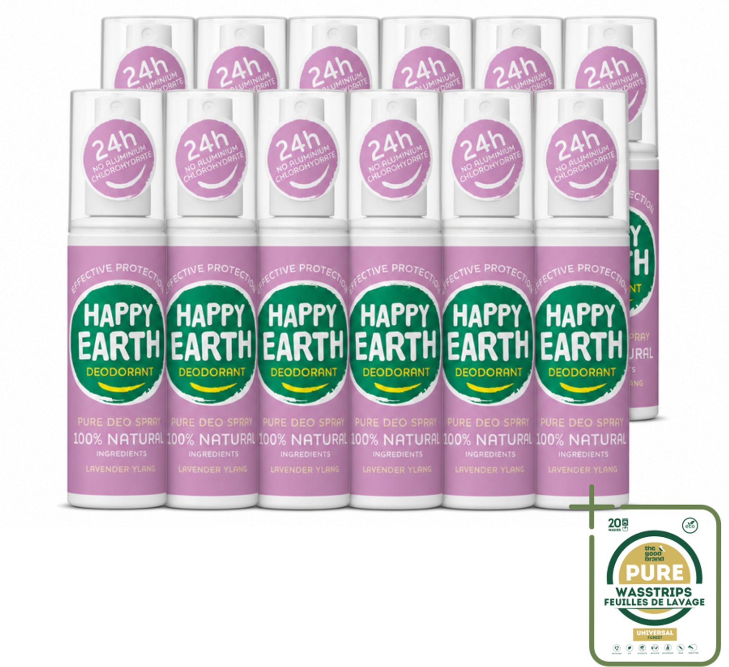12 x Happy Earth – Deodorant Spray – 100% Natuurlijk Lavender Ylang – 100 ml - Wasstrips - Deodorant Spray - Natuurlijke Deodorant - Lavendel Geur - Ylang-ylang Geur - Huidvriendelijk
