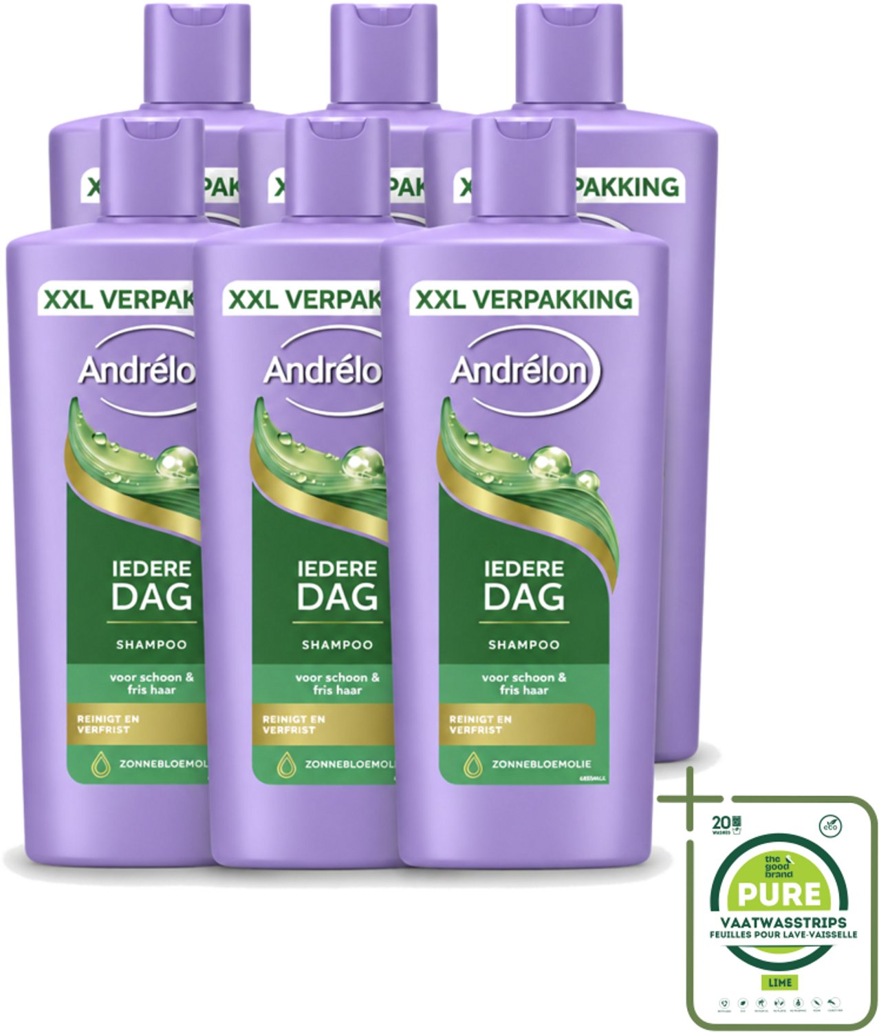 6 x Andrélon – Shampoo – Iedere Dag – 685 ml - Grootverpakking - Vaatwasstrips - Dagelijks Haarwassen - Zachte Shampoo - Frisse Haarreiniging - Zonnebloemolie - Haarverzorging