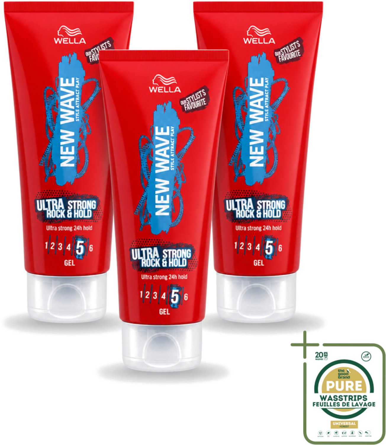 3 x Wella – New Wave Rock’n Hold Ultra Strong – Haargel – 200 ml - Wasstrips - Haarstyling - Haargel - Haartype - Haarkleur - Haarfixatie