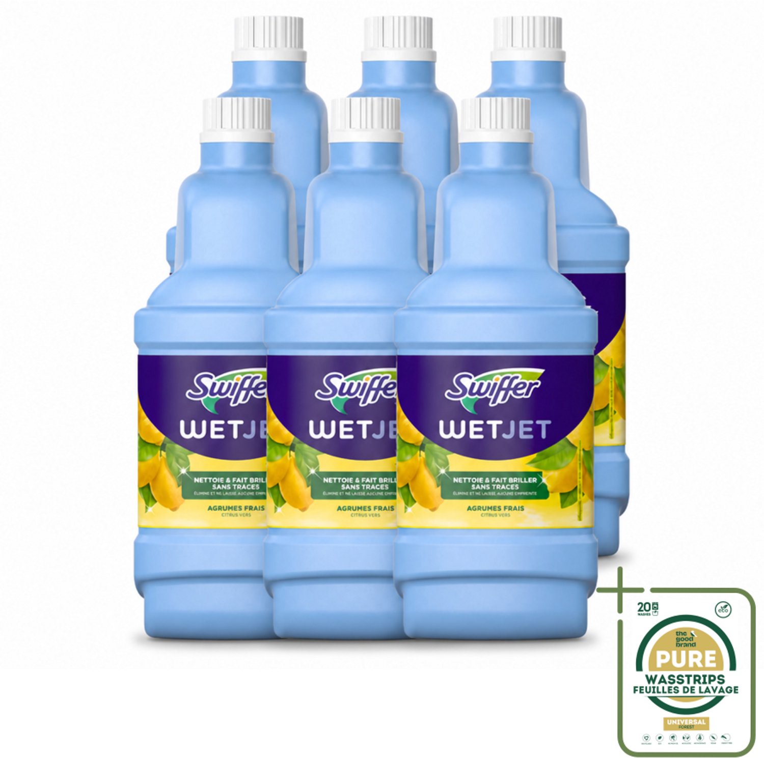 6 x Swiffer - WetJet Reinigingsmiddel – Dweilsysteem Navulling – Alles-in-één – 1,25 L - Wasstrips - Vloerreiniging - Vet En Vlekken Verwijderen - Doekjes Met Vasthoudtechnologie - Spraymop - Alles-in-één Reinigingsset