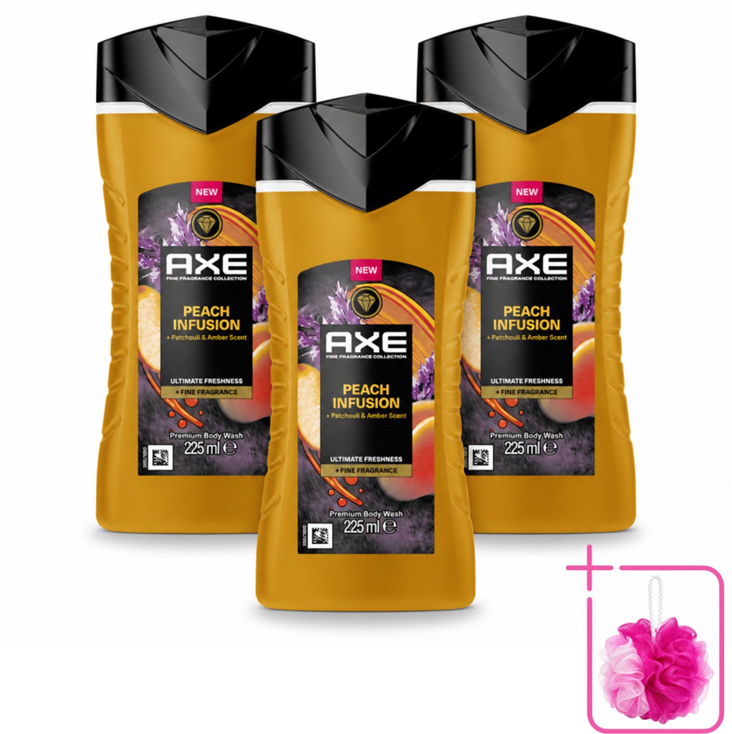 3 x Axe – Douchegel – Peach Infusion – 225 ml - Bulkverpakking - Douchegel - Douchemop - Fris ruiken
