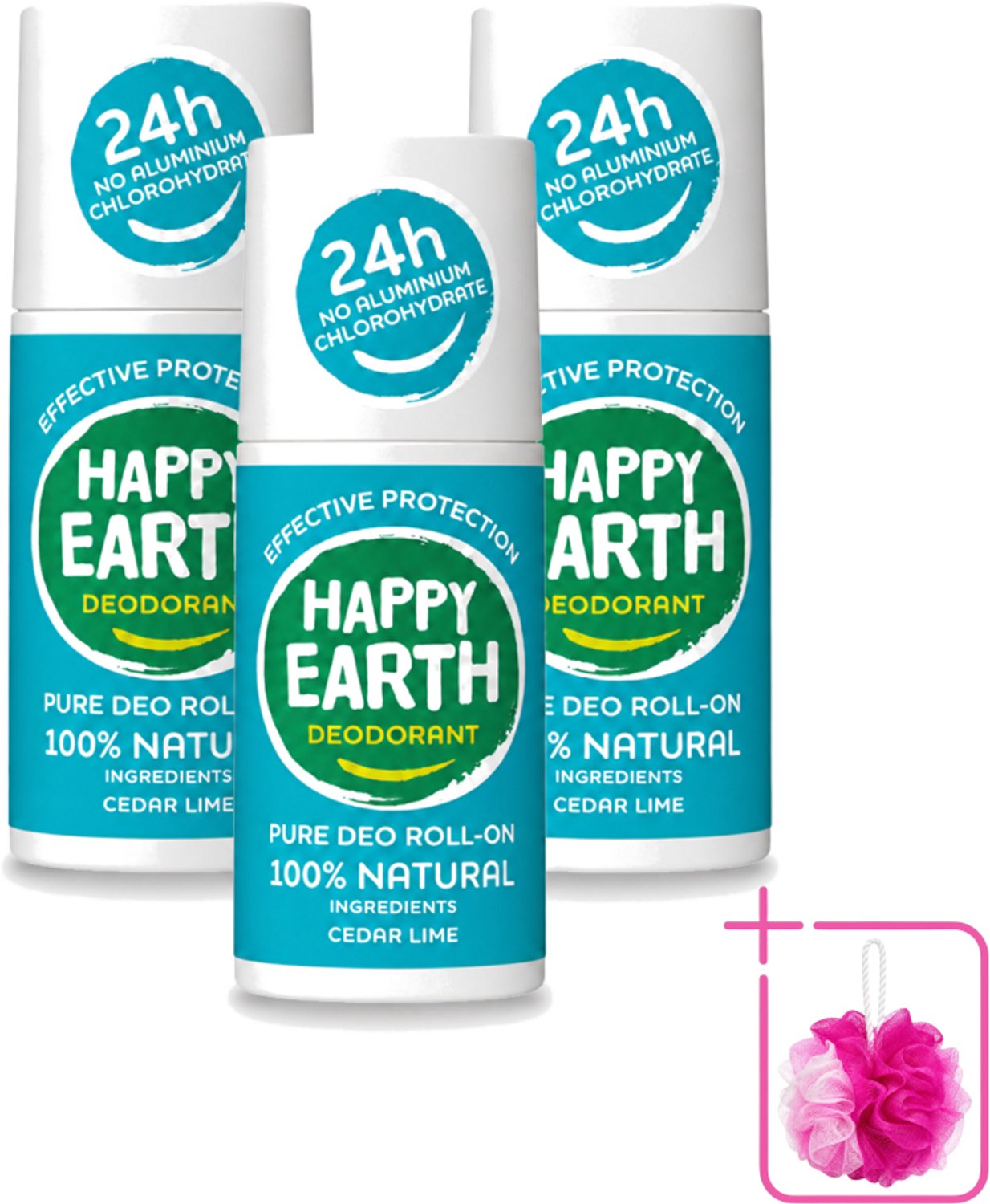 3 x Happy Earth – Deodorant Roll-On – 100% Natuurlijk Cedar Lime – 75 ml - Bulkverpakking - Deodorant - Natuurlijke deodorant