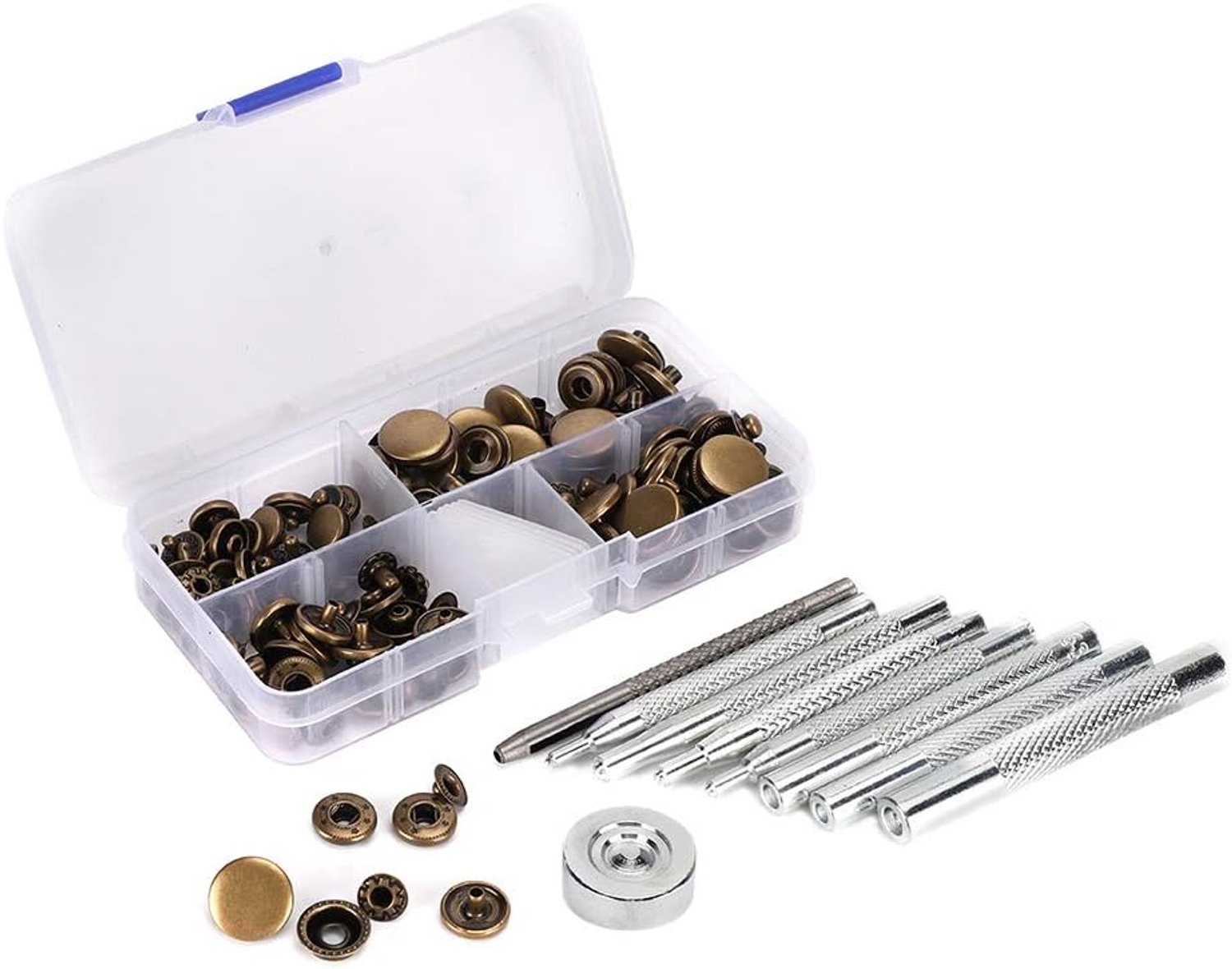 Baxnore Professionele snap -knooppakket 160 stuks metalen koperen knoppen met ijzeren gereedschap voor kledingjeans Jassen Diy reparatie Crafting Accessoires Portable Fastener Set
