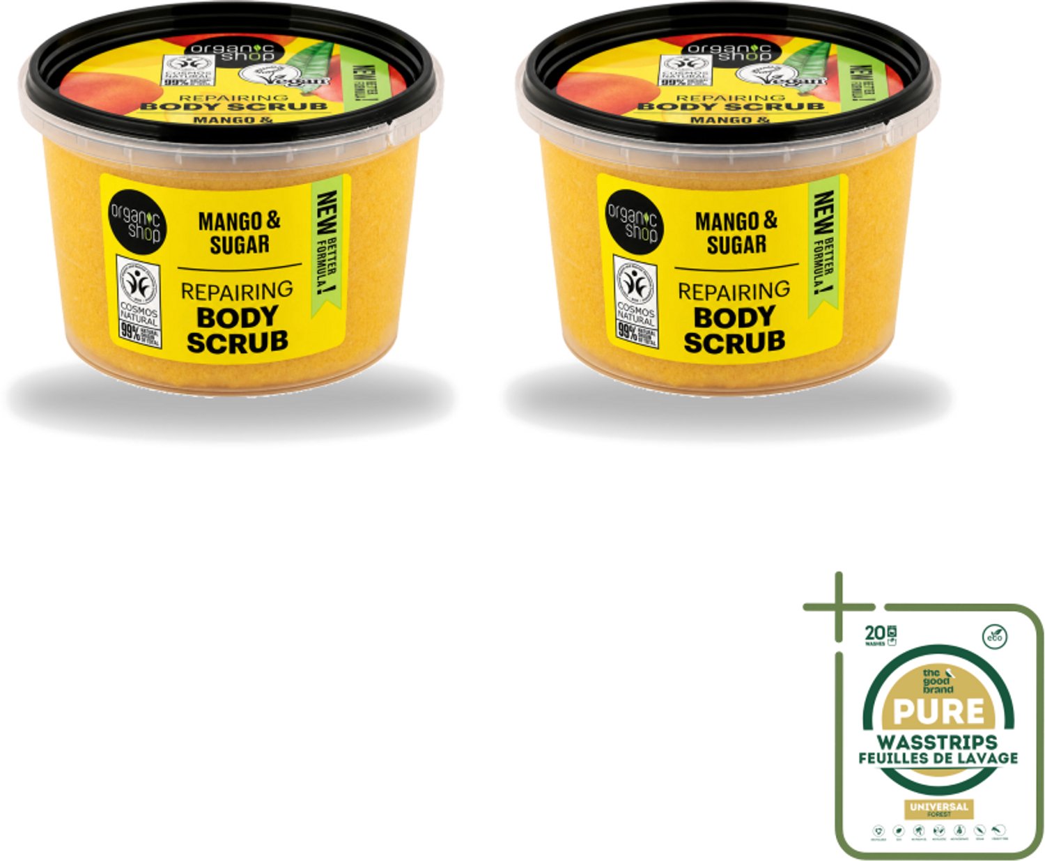 2 x Organic Shop - Organic Mango & Sugar Body Scrub - Peeling en Geur - 250 ml - Wasstrips - Organische Mango Scrub - Exfoliatie Huid - Suikerscrub - Huidvernieuwing - Biologische Mango