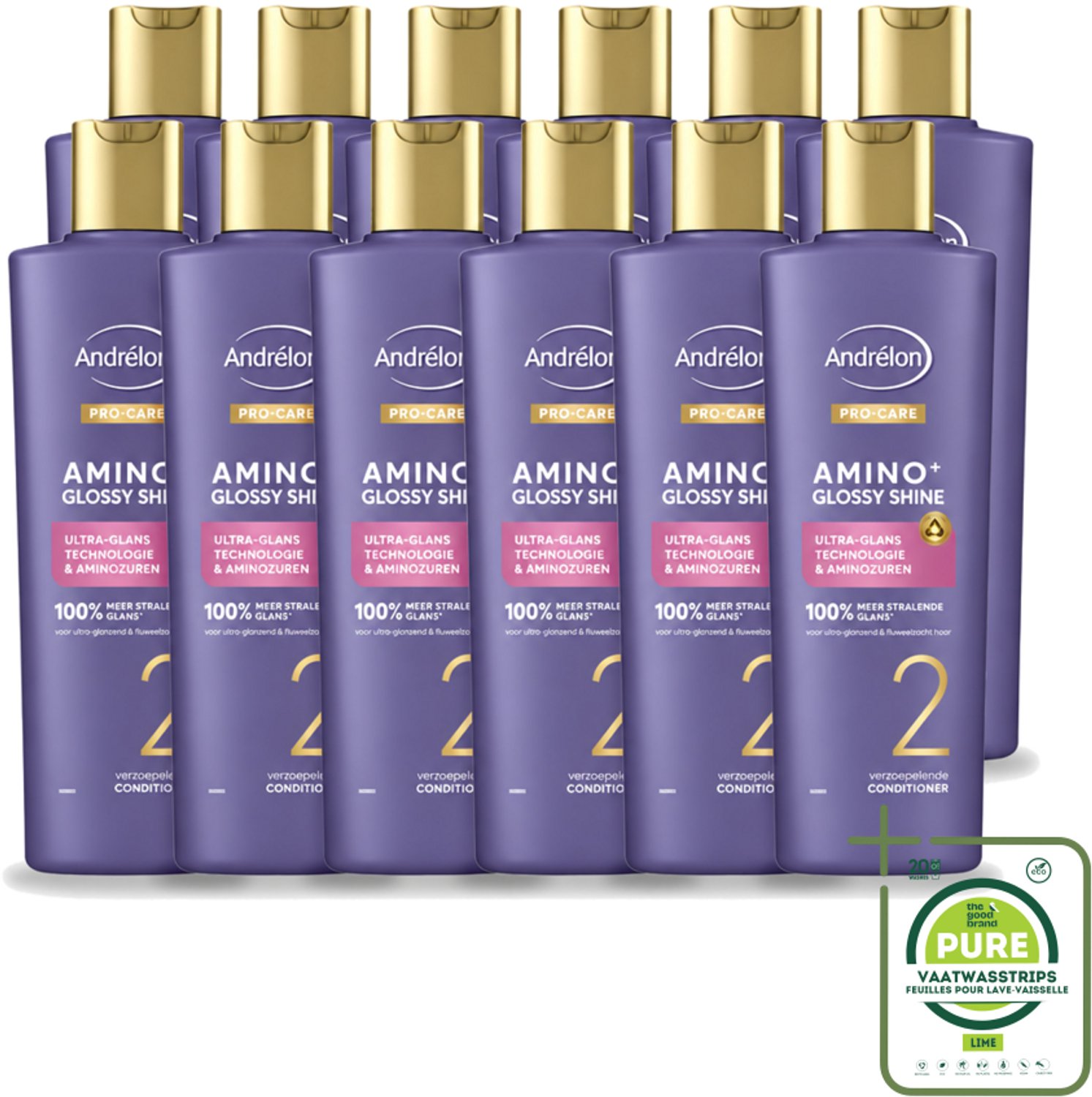 12 x Andrélon – Conditioner – Pro Care Amino+ Glossy Shine – 250 ml - Grootverpakking - Haar Glans - Aminozuren - Zijdezacht Haar - Spiegelachtige Glans - Zachter Haar