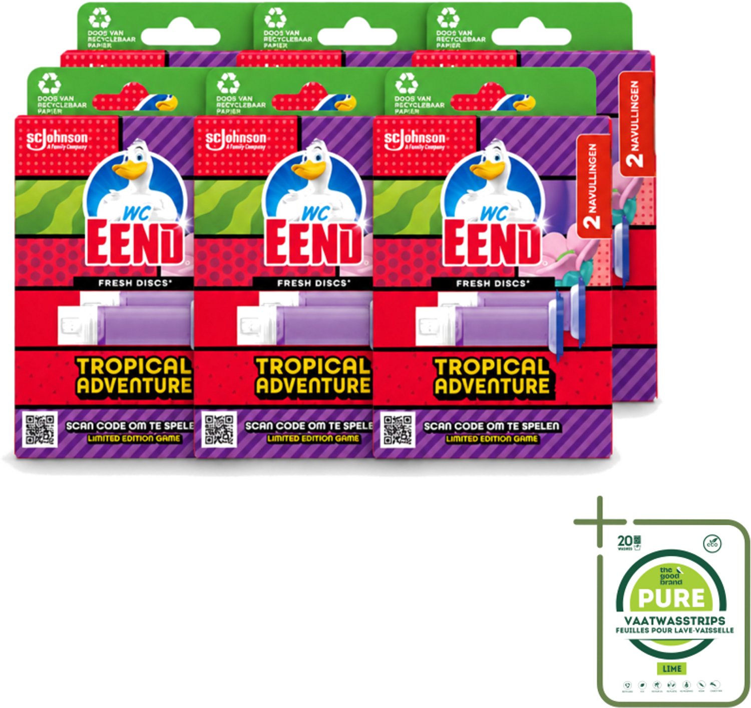 6 x WC Eend – Fresh Discs – Duo Navulling – Tropical Adventure – 72 ml - Grootverpakking - Vaatwasstrips - Toilet Reinigen - Toilet Geur - Toilet Hygiëne - Toilet Schoon - Toilet Fris