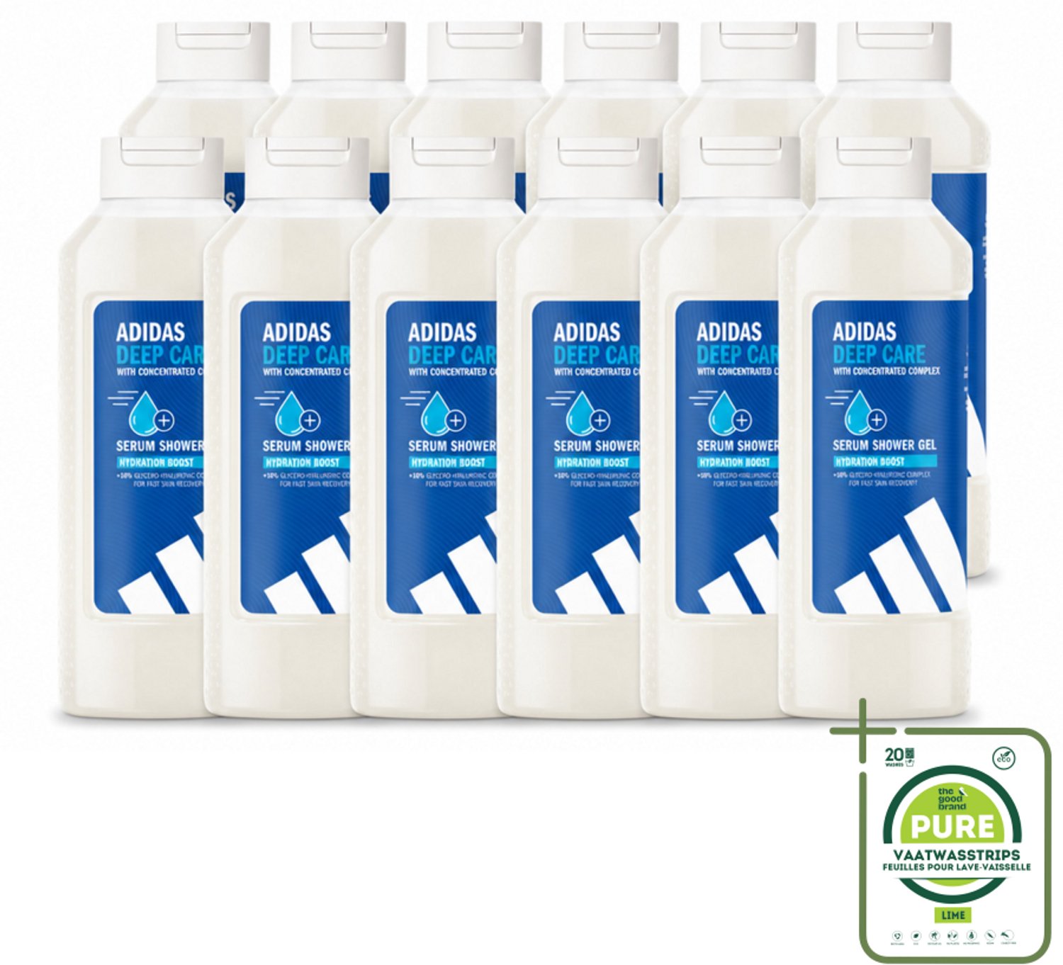 12 x Adidas – Douchegel – Active Skin & Mind Deep Care – 400 ml - Grootverpakking - Vaatwasstrips - Hydratatie Na Sport - Huid Verzorging - Douchegel Sport - Glycerine Hyaluronate - Vegan Douchegel