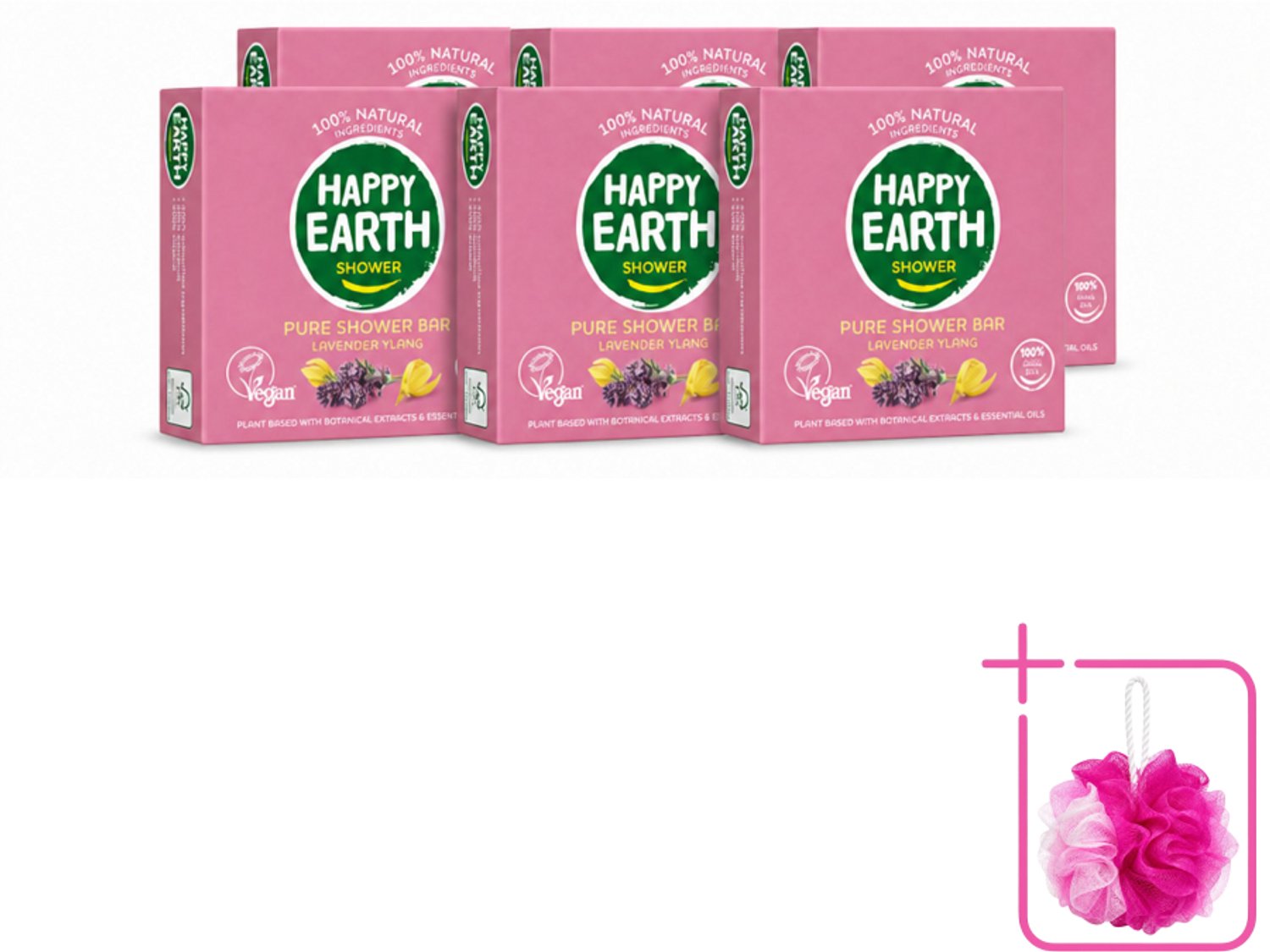 6 x Happy Earth – Shower Bar – 100% Natuurlijk Lavender Ylang – 90 g - Bulkverpakking - Douchegel - Douchemop - Natuurlijke douchegel