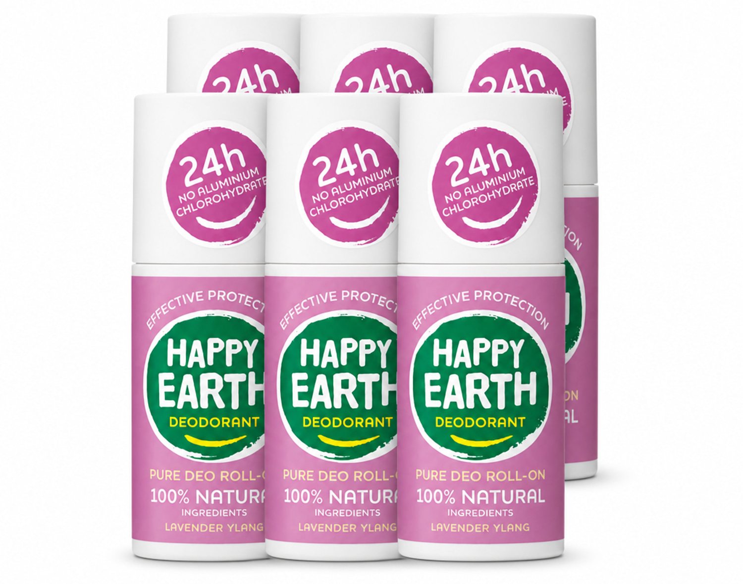 6 x Happy Earth – Deodorant Roll-On – 100% Natuurlijk Lavender Ylang – 75 ml - Voordeelverpakking - 6 stuks
