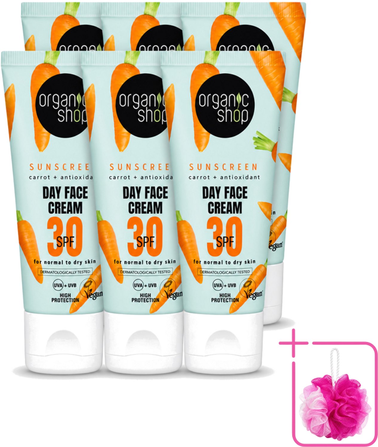 6 x Organic Shop - Zonnebrandcrème Gezicht SPF 30 - Normale Huid - 50 ml - Bulkverpakking - Zonbescherming - Douchemop - Gezichtscreme