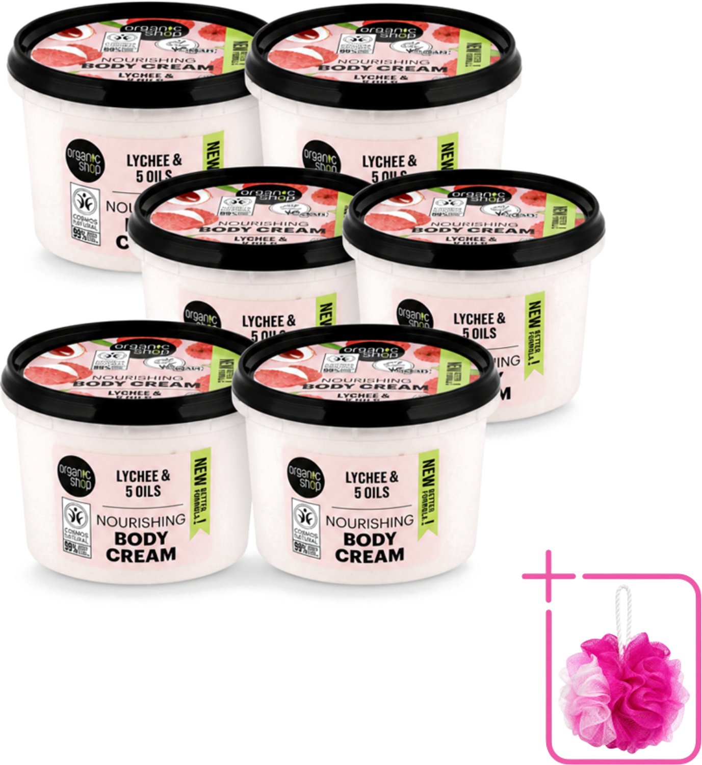 6 x Organic Shop - Nourishing Body Cream Lychee - Hydraterend en Voedend - 250 ml - Bulkverpakking - Hydratatie - Douchemop - Voeding