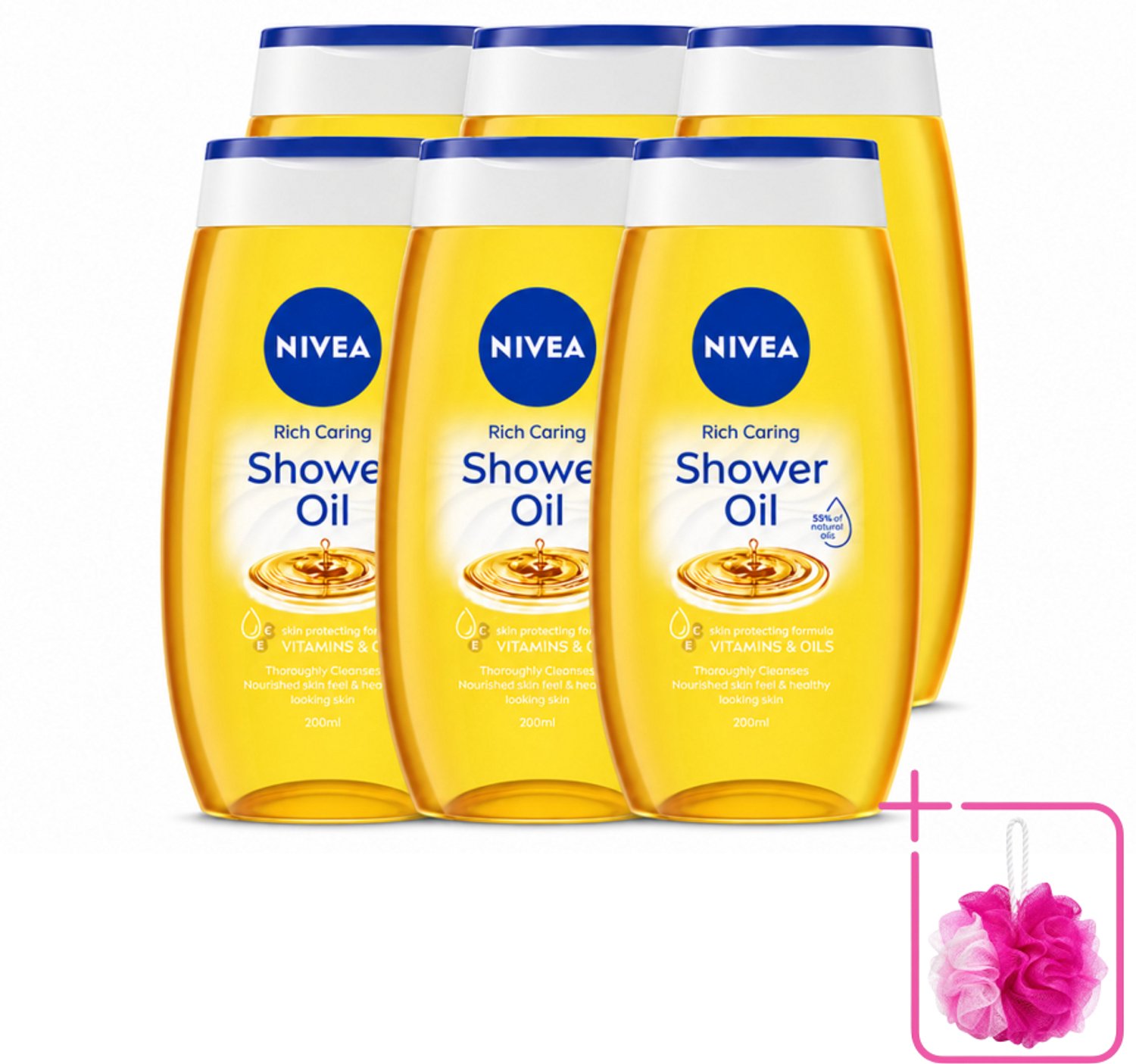 6 x NIVEA - Doucheolie - Natuurlijke Doucheolie - 200 ml - Bulkverpakking - Doucheolie - Douchemop - Natuurlijke oliën