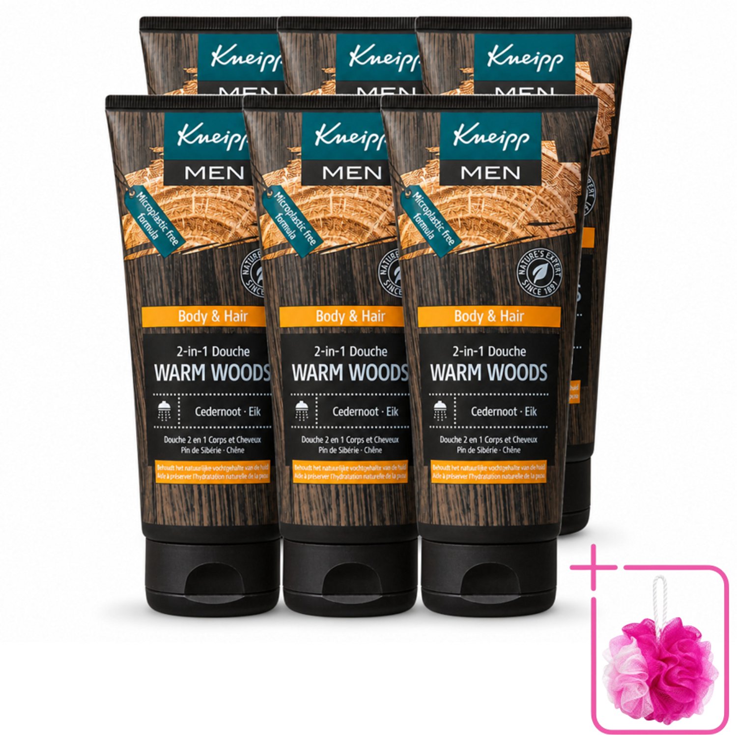 6 x Kneipp - Douchegel - Men - Warm Woods - 2-in-1 - 200 ml - Bulkverpakking - Douchegel voor mannen - Douchemop - Natuurlijke verzorging