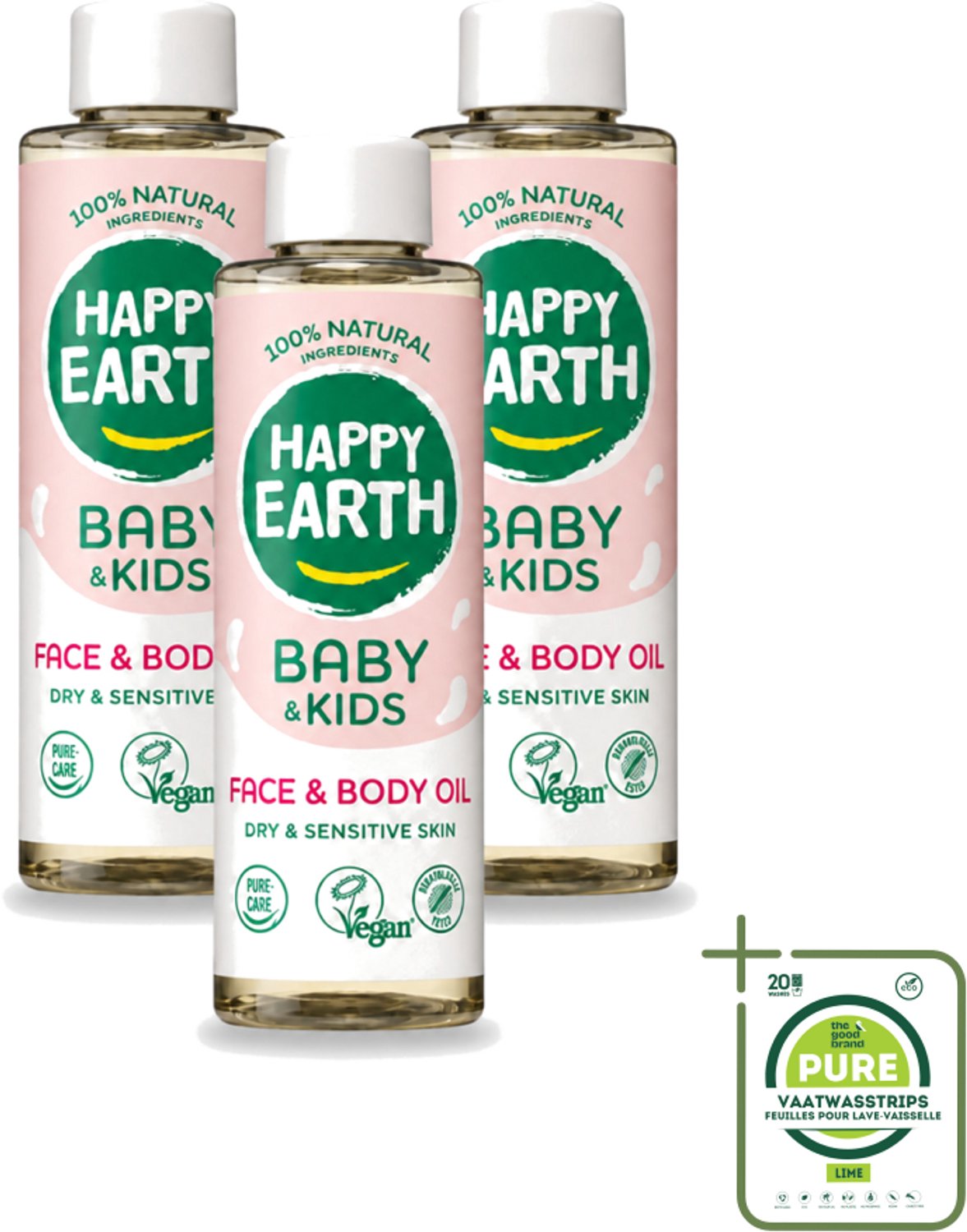 3 x Happy Earth – Face & Body Oil – 100% Natuurlijk Baby & Kids – 150 ml - Grootverpakking - Vaatwasstrips - Babyolie - Gezichtsolie - Lichaamsoil - Natuurlijke Huidverzorging - Babymassageolie