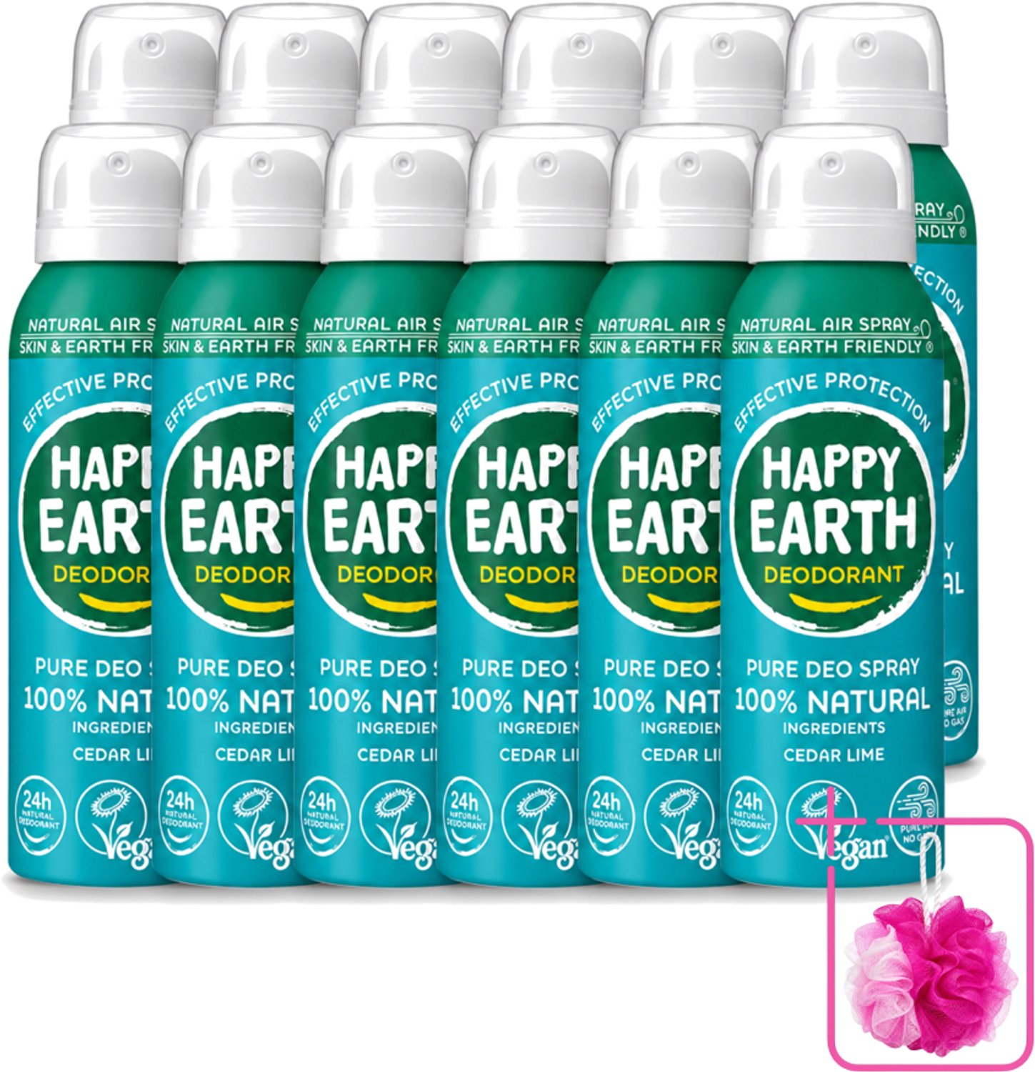 12 x Happy Earth – Deodorant Natural Air Spray – 100% Natuurlijk Cedar Lime – 100 ml - Bulkverpakking - Natuurlijke deodorant - Douchemop - Cederhout en limoen