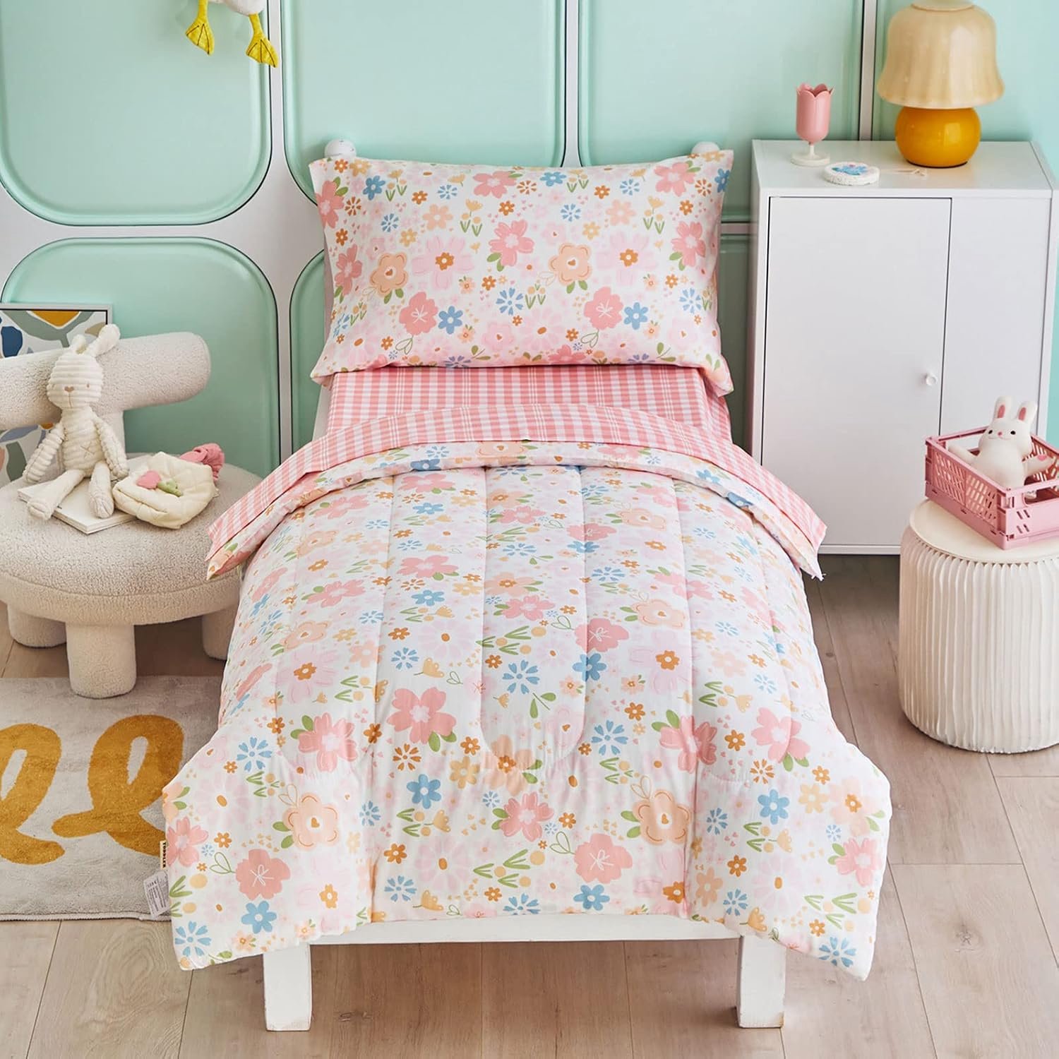 Joyreap 4-delige katoenen peuterbeddengoedset voor meisjes, roze bloemenontwerp, zacht n ademend katoenen peuter dekbed set, inclusief gewatteerd dekbed, hoeslaken, bovenlaken en kussensloop
