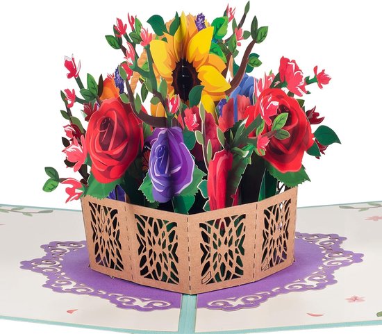 3D pop-up verjaardagskaart, Valentijnskaart, bedankkaart, afstudeerkaart, kaart voor verjaardag, bruiloft, jubileum, verloving, Valentijnsdagkaart met envelop, rozen en zonnebloemen, bloemenmand — afbeelding 4
