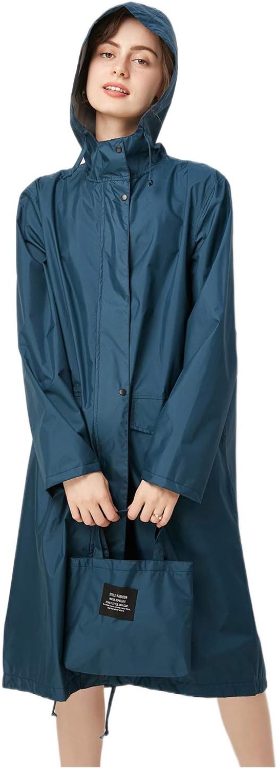 Freesmily Stijlvolle lange regenjas voor dames, met waterdichte regenjas met capuchon, zeeblauw, L