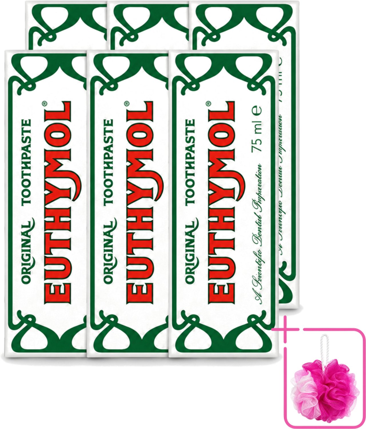 6 x Euthymol – Tandpasta – Original Dentifrice – 75 ml - Bulkverpakking - Tandpasta - Douchemop - Thymol