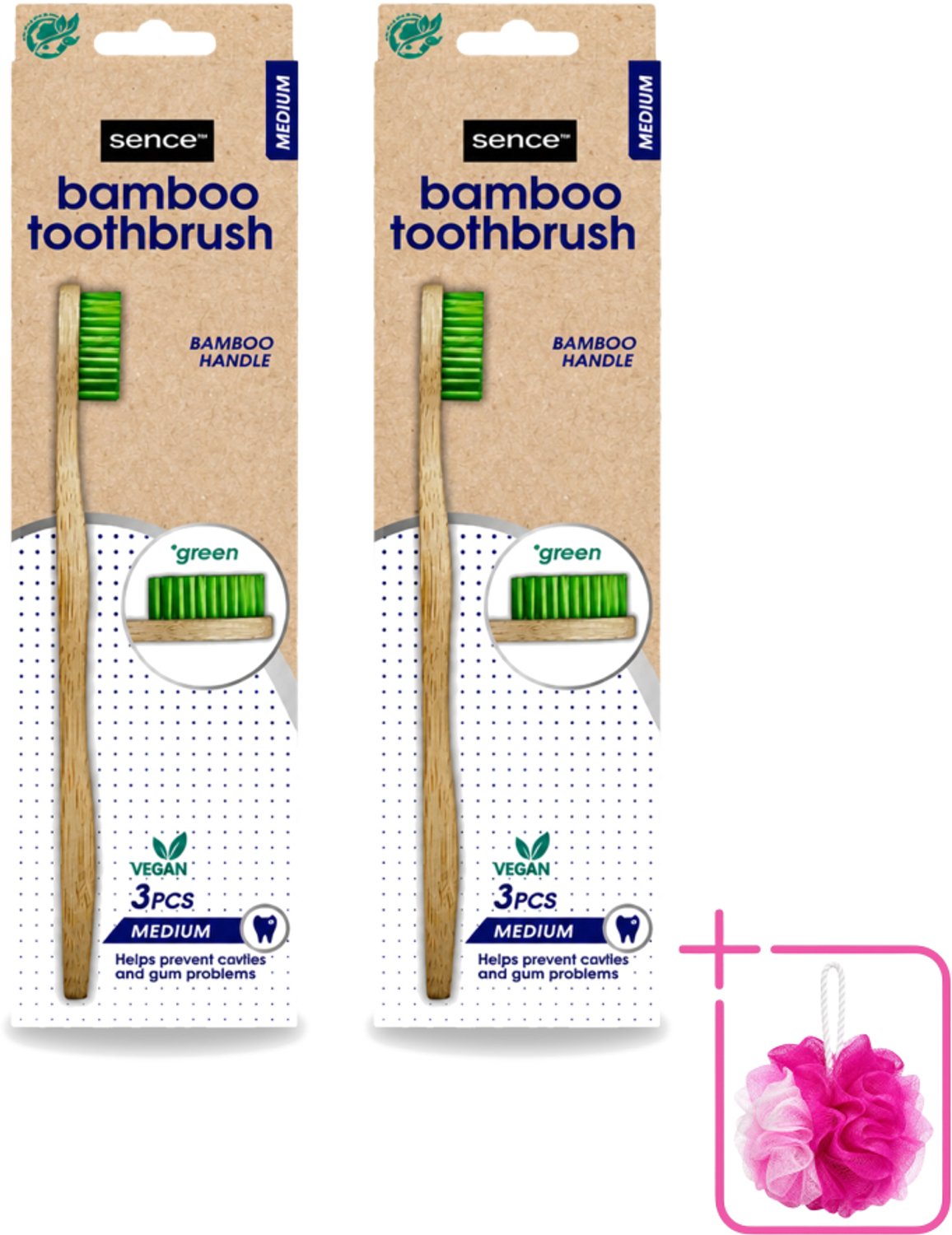 2 x Sence - Bamboo - Tandenborstels - Medium - Set van 3 - Groen - Bulkverpakking - Tandenborstel - Duurzaamheid