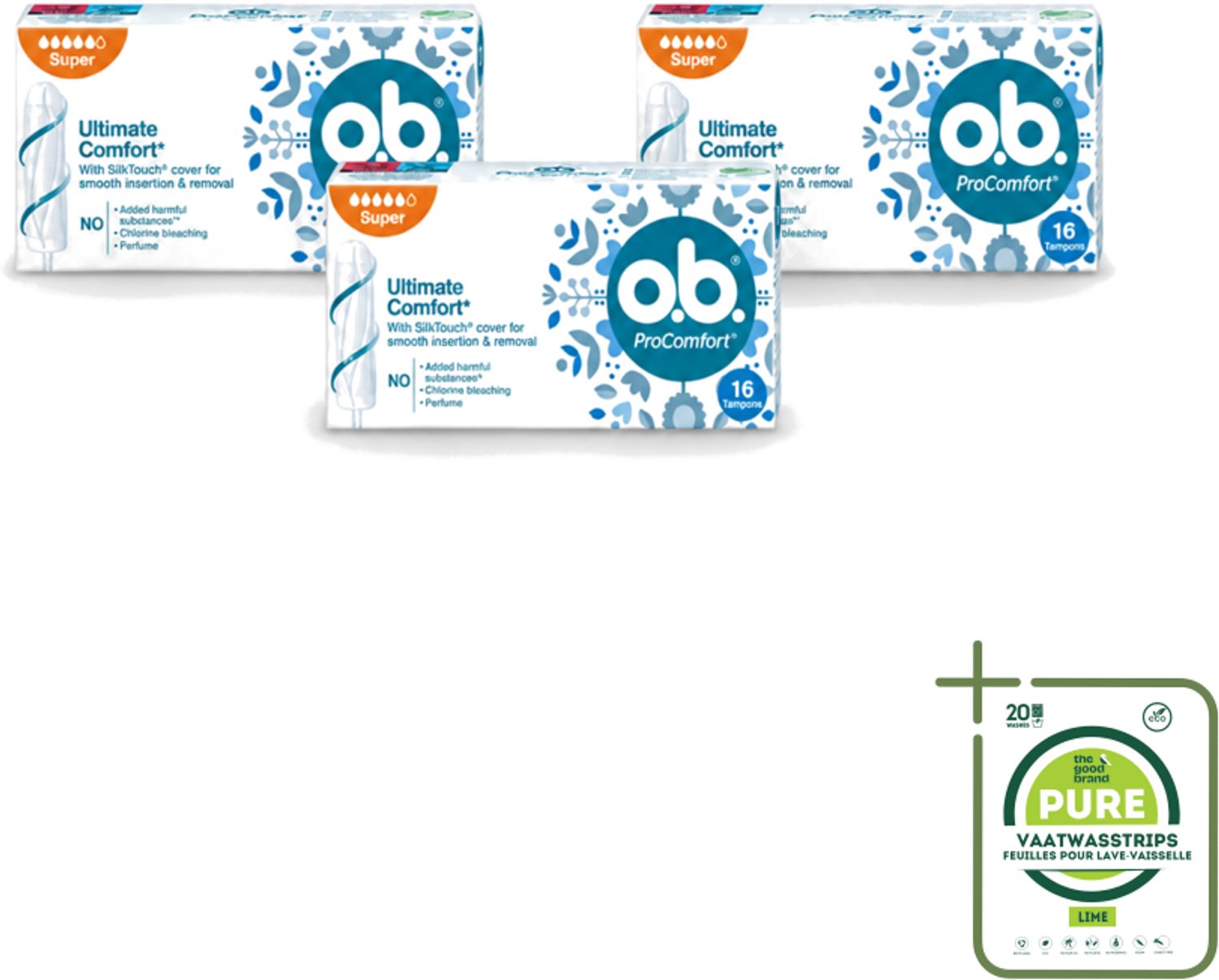 3 x o.b. Tampons - ProComfort Super - Voor Comfort en Zachte Bescherming - 16 Tampons - Grootverpakking - Vaatwasstrips - Tampons - Menstruatiebescherming - Comfort - Zachte Bescherming - Plantaardige Kern