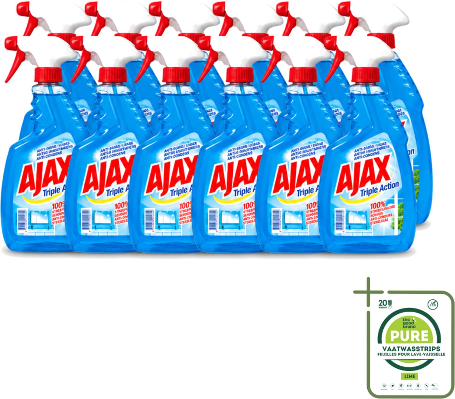12 x Ajax - Glasreiniger Spray - Triple Action - Streeploos Schoon - Anti-Condens - 750 ml - Grootverpakking - Vaatwasstrips - Glas Reinigen - Ramen Reinigen - Glas Reiniger - Schone Ramen - Glas Reiniger Spray