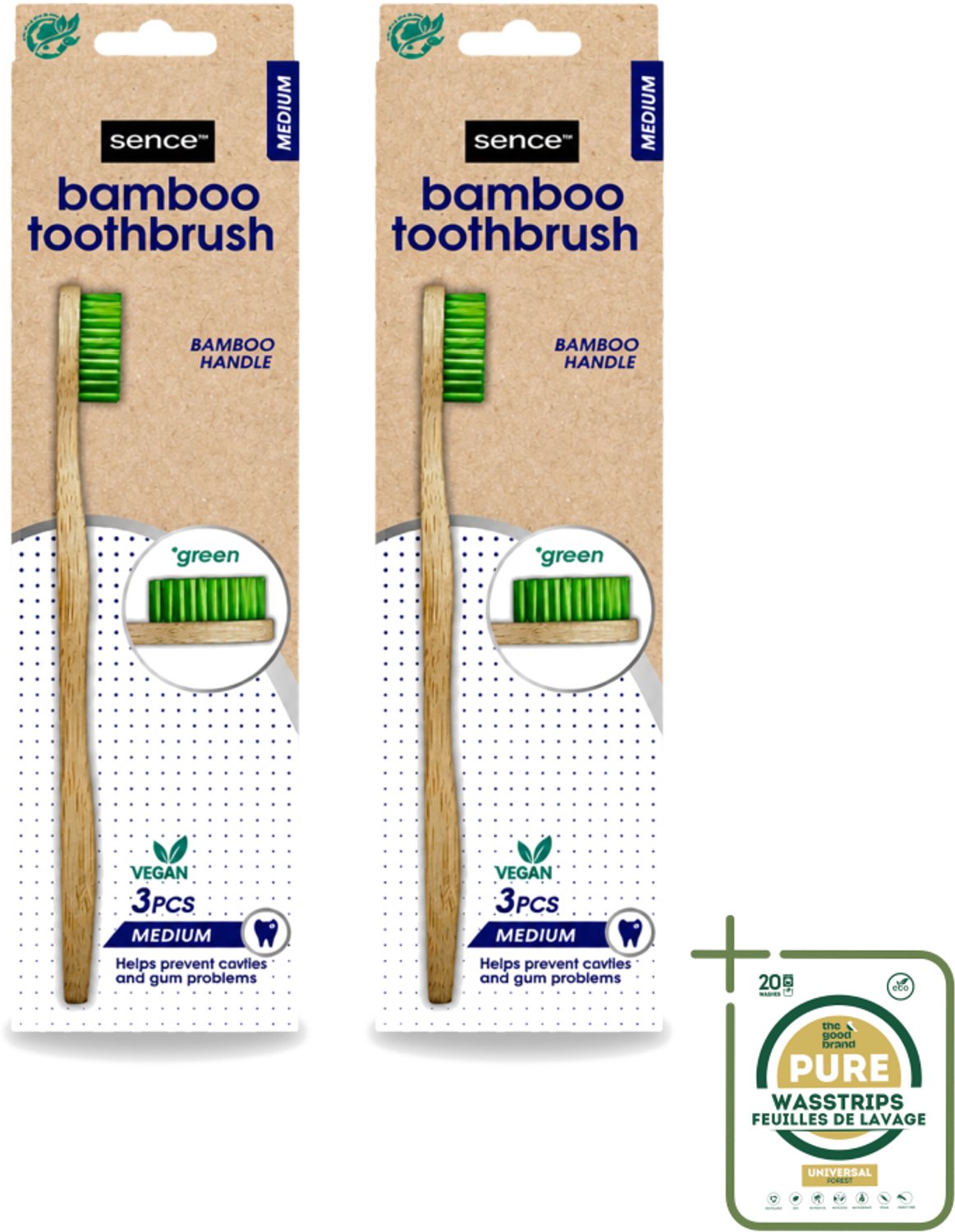 2 x Sence - Bamboo - Tandenborstels - Medium - Set van 3 - Groen - Tandenborstel - Bamboo Tandenborstel - Duurzaam Tandenborstel - Vegan Tandenborstel - Plasticvrije Tandenborstel
